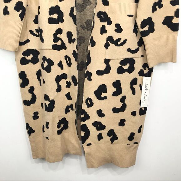 Jack and Avery Tan Cheetah Animal Print Long Open Front Knit Cardigan Sweater - Picture 4 of 15
